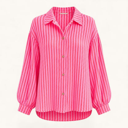 Feather & Sole pink striped long sleeve button down shirt with voluminous sleeves and a classic collar.