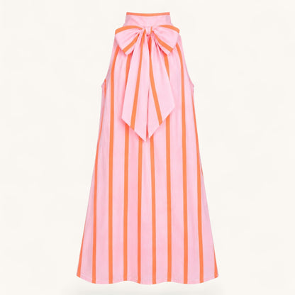 Feather & Sole sleeveless shift dress in pink and orange vertical stripes with a high neck and back-tie bow detail.