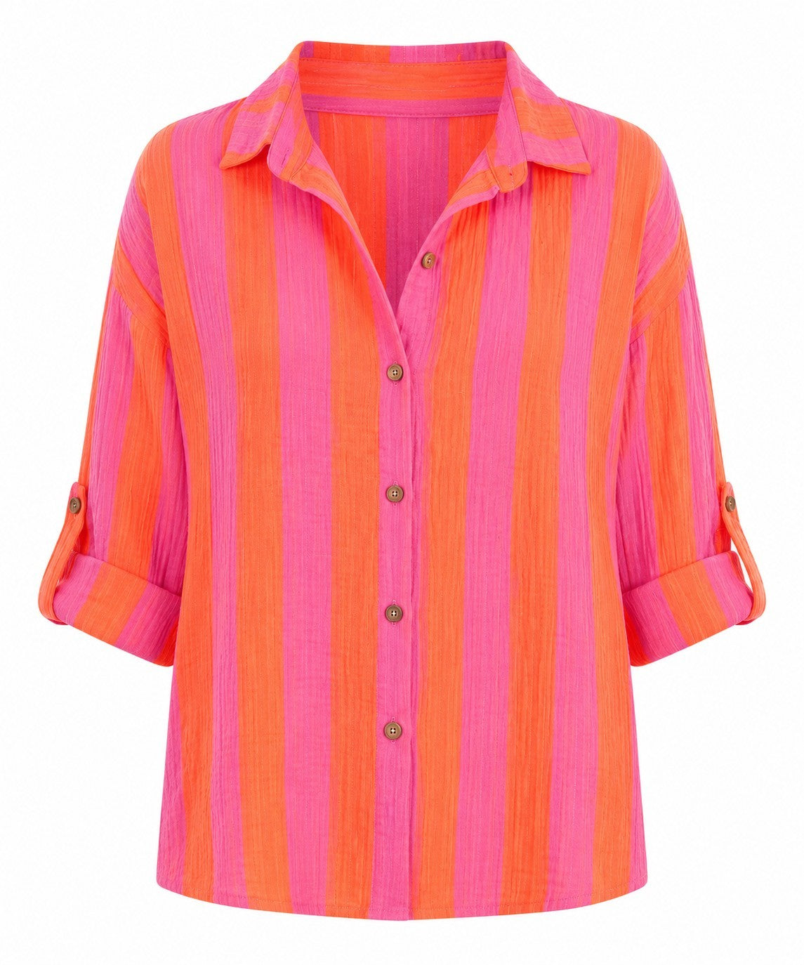 Feather & Sole button-down shirt with hot pink and orange vertical stripes, textured fabric, and roll-tab sleeves.