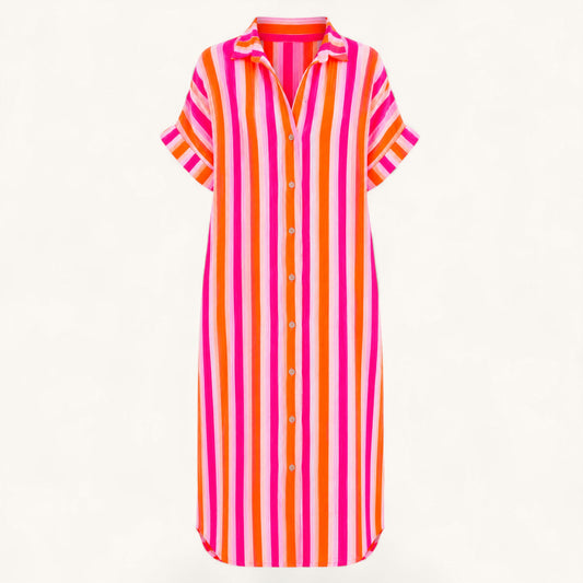 Feather & Sole long cotton gauze shirt dress in orange and pink vertical stripes with a button-down front.