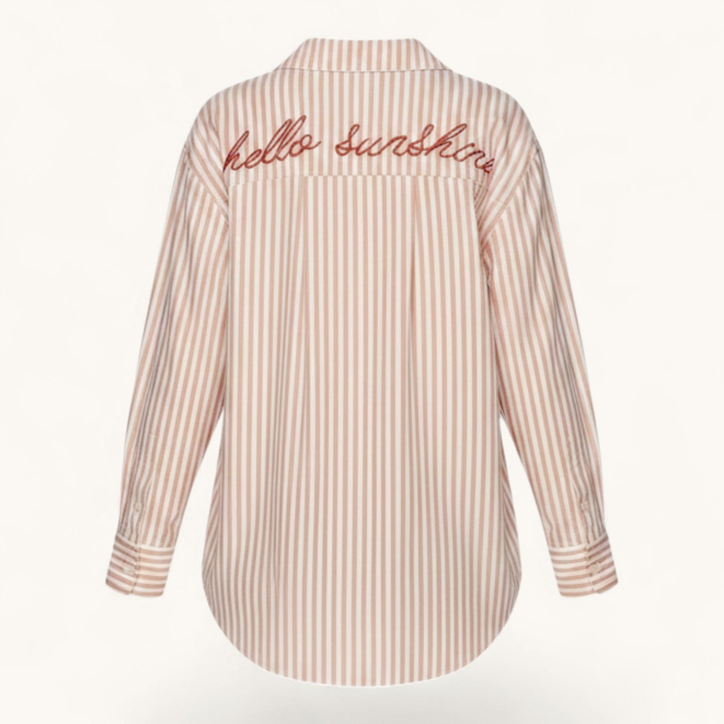 Feather & Sole pink and white striped cotton button-down shirt with "Hello Sunshine" embroidery on back.