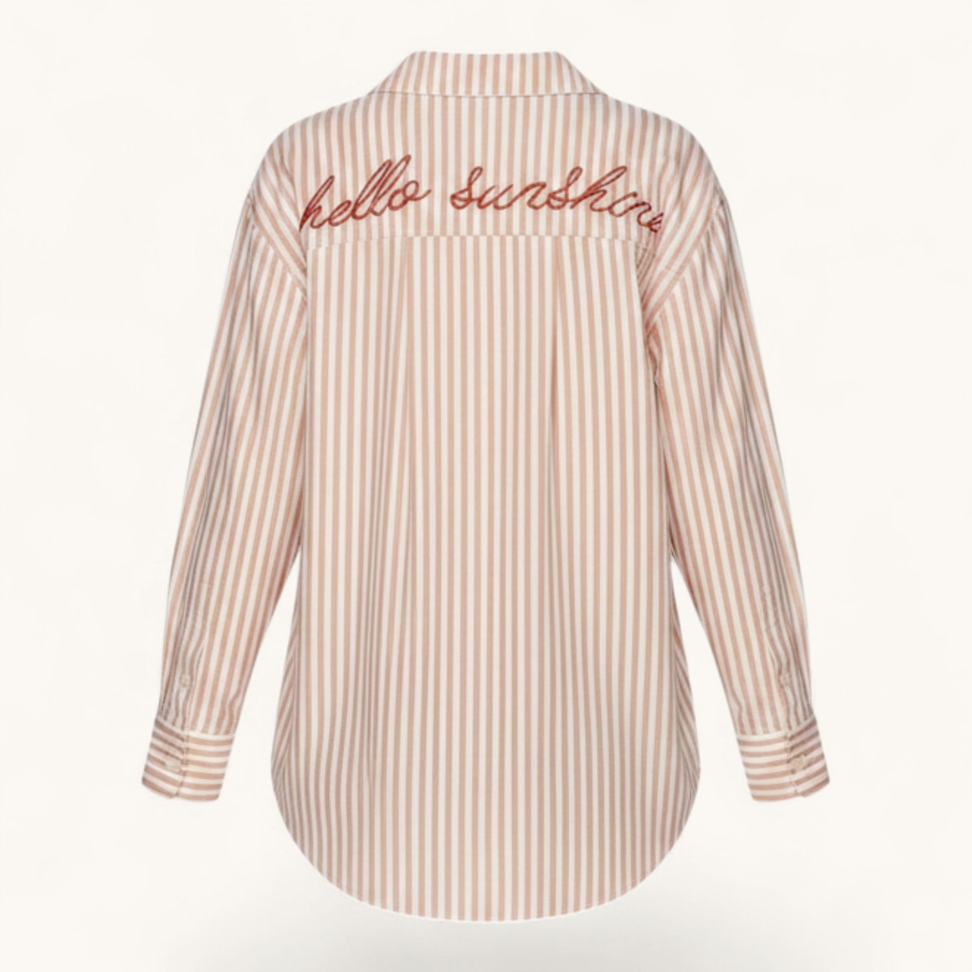 Feather & Sole pink and white striped cotton button-down shirt with "Hello Sunshine" embroidery on back.