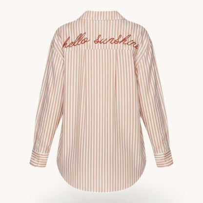 Feather & Sole pink and white striped cotton button-down shirt with "Hello Sunshine" embroidery on back.
