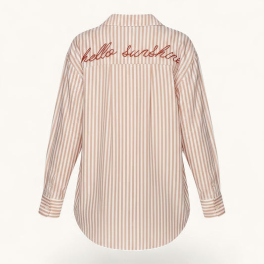 Feather & Sole pink and white striped cotton button-down shirt with "Hello Sunshine" embroidery on back.