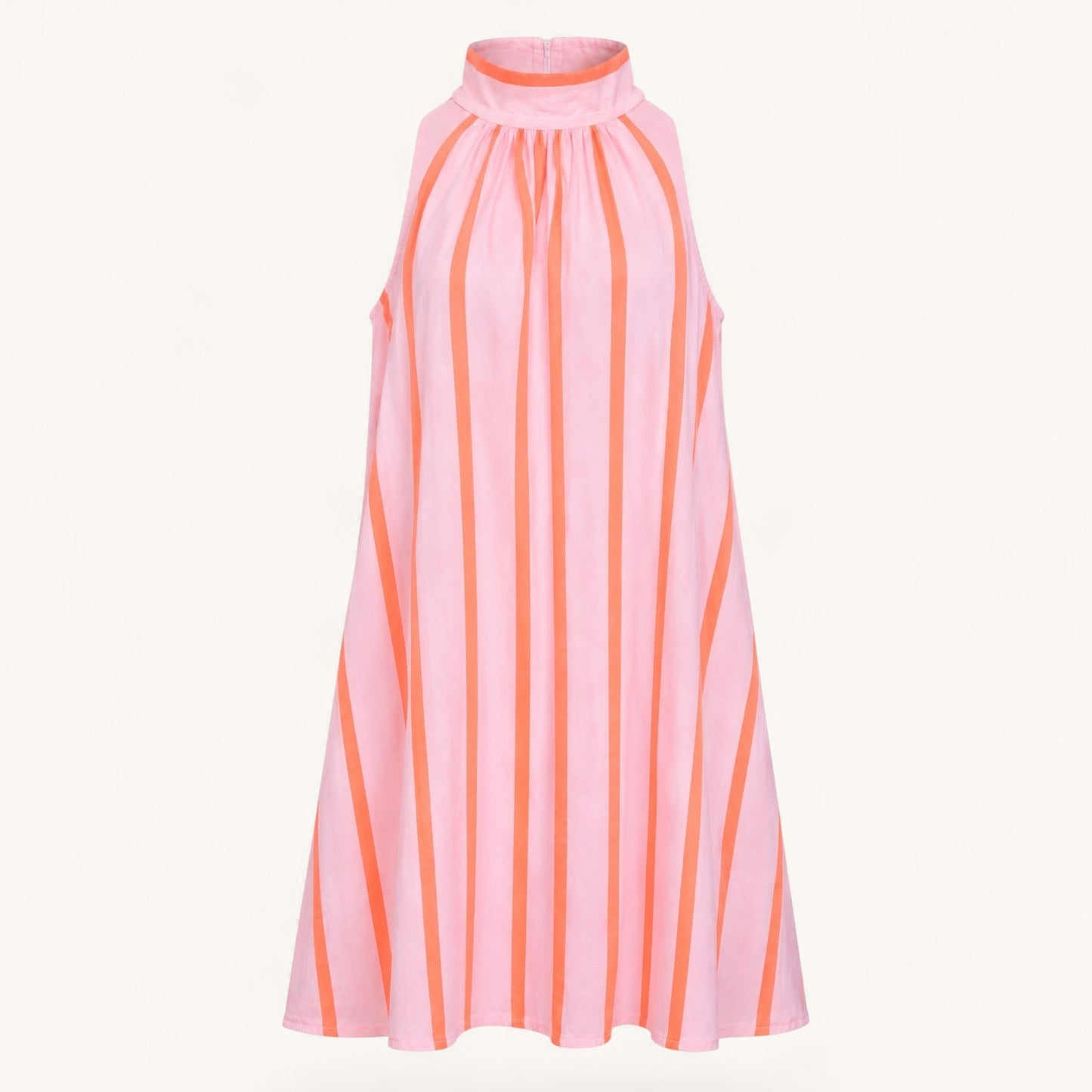 Feather & Sole sleeveless shift dress in pink and orange vertical stripes with a high neck and A-line silhouette.