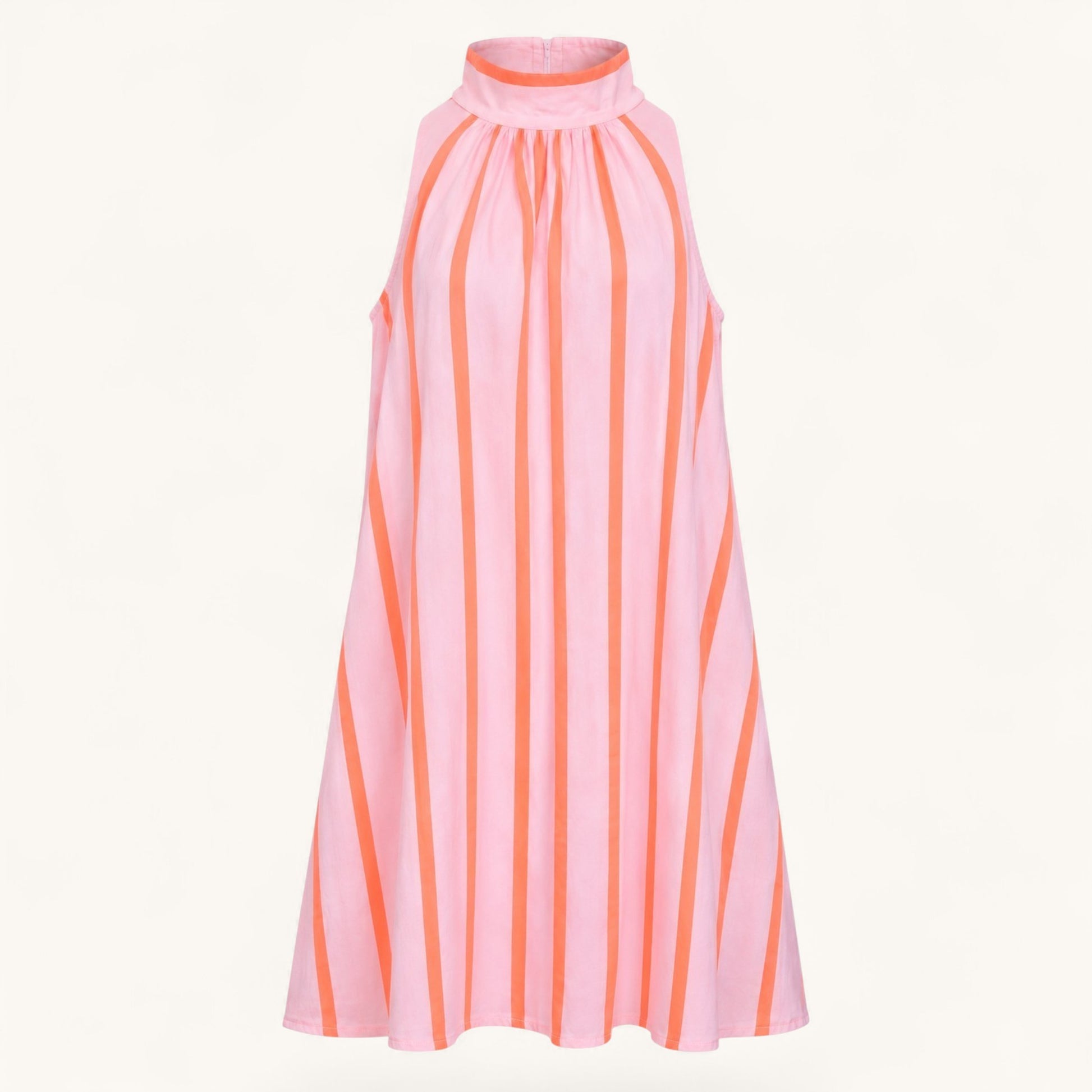 Feather & Sole sleeveless shift dress in pink and orange vertical stripes with a high neck and A-line silhouette.