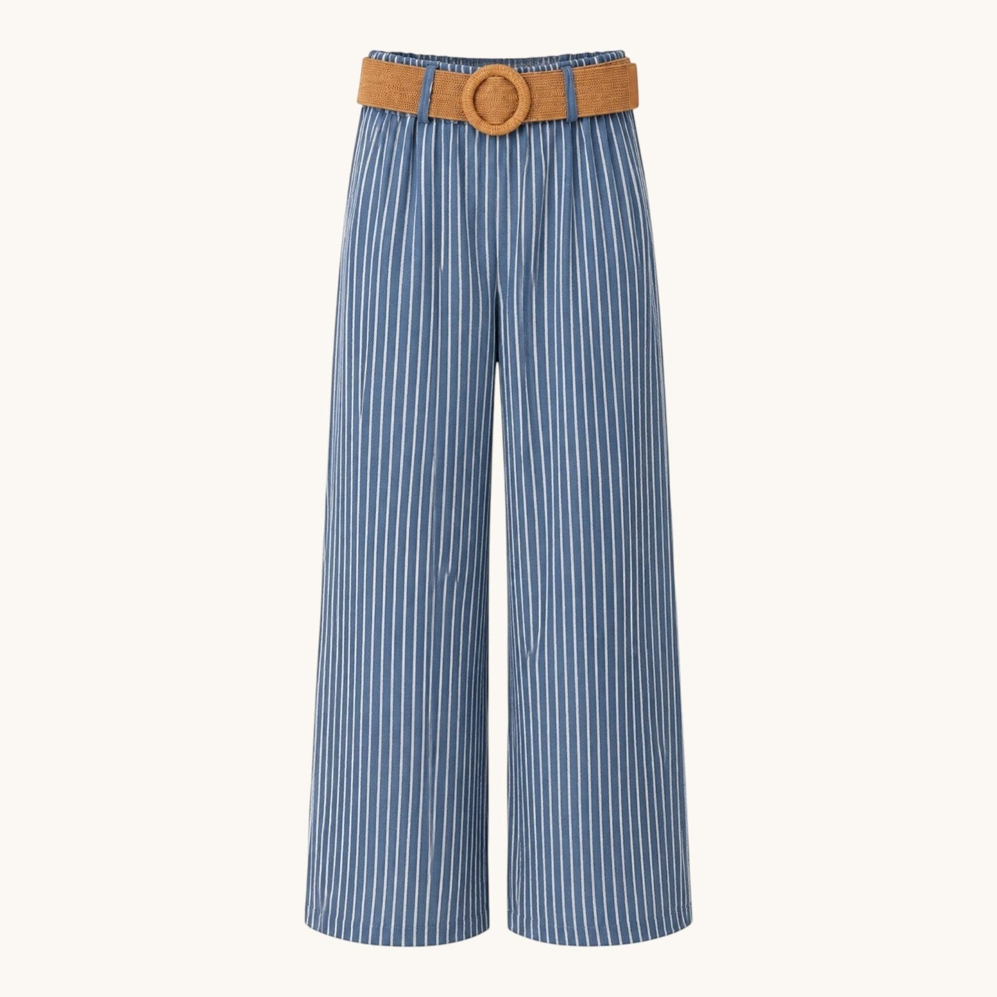 Feather & Sole blue and white vertical striped wide-leg trousers featuring an elastic waist and woven straw belt.