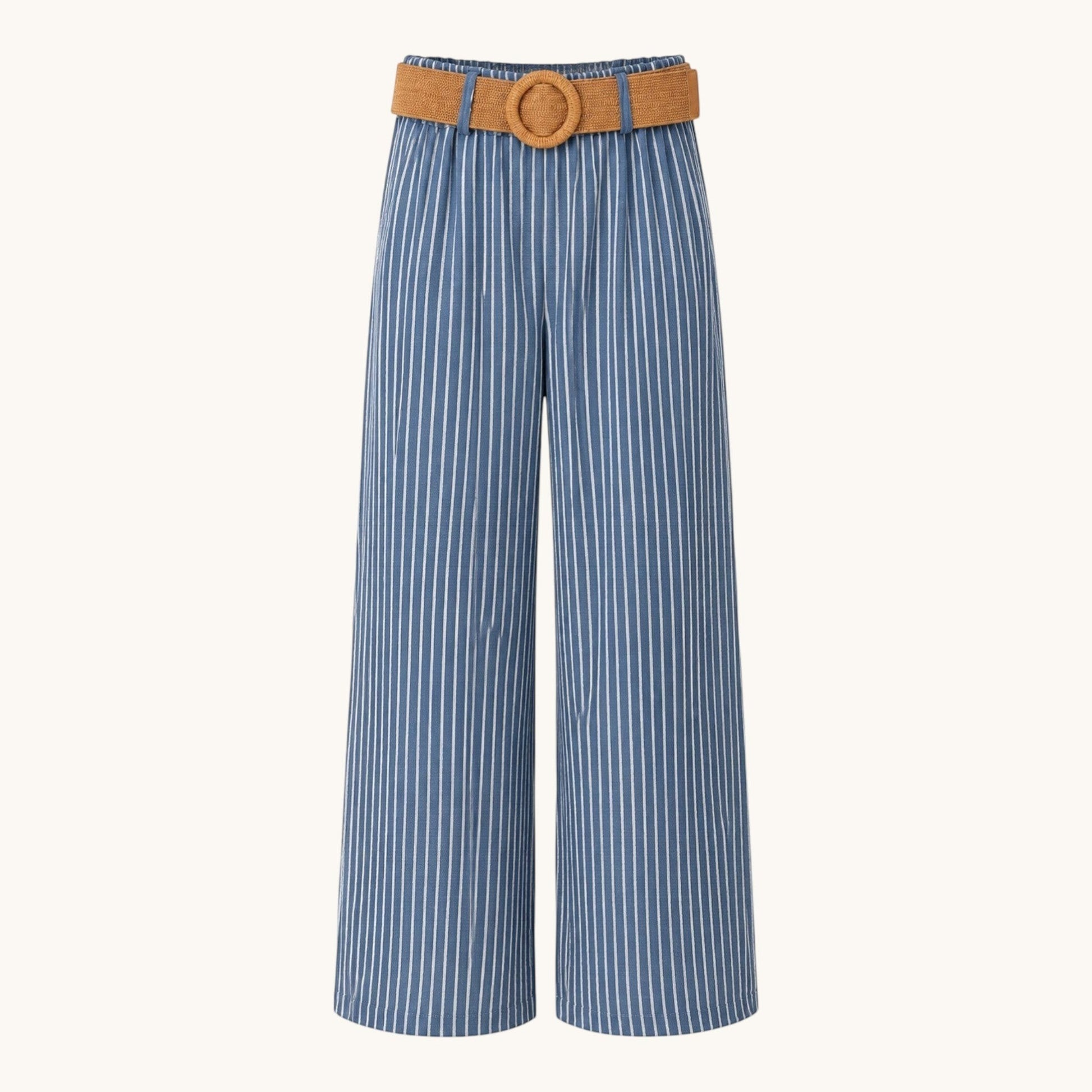 Feather & Sole blue and white vertical striped wide-leg trousers featuring an elastic waist and woven straw belt.