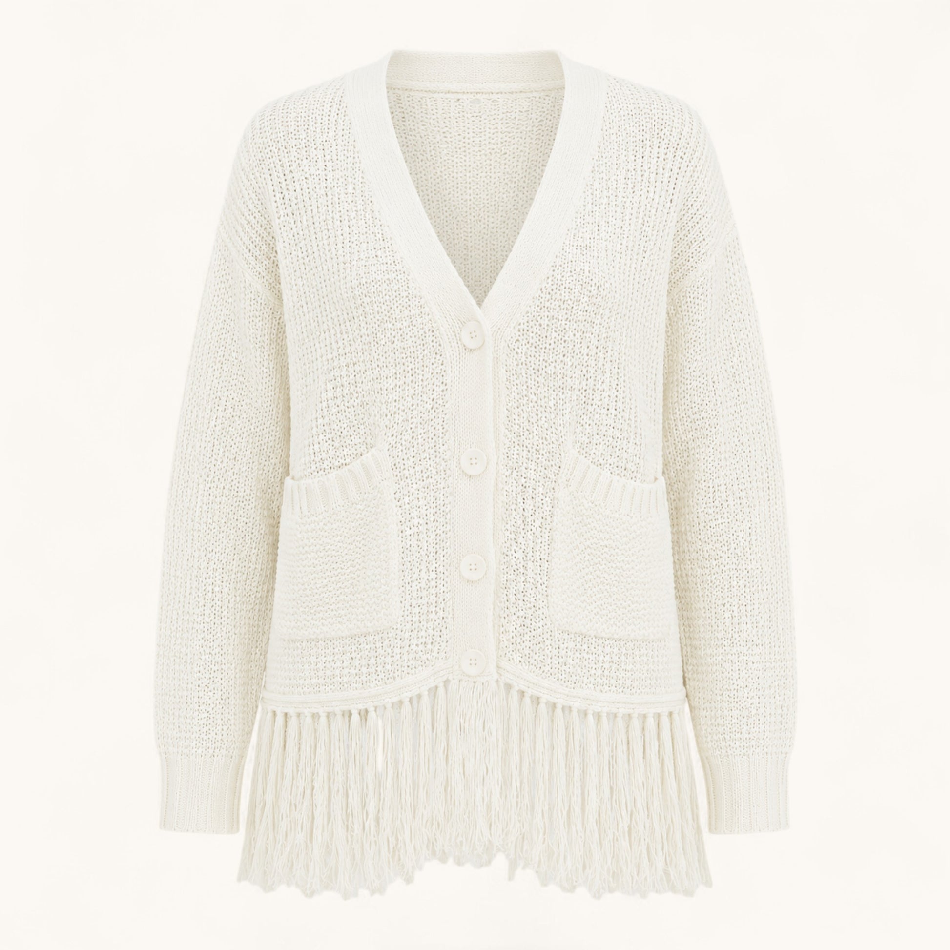 Feather & Sole white crochet knit cardigan with fringe hem, V-neck, button front, and two front pockets.