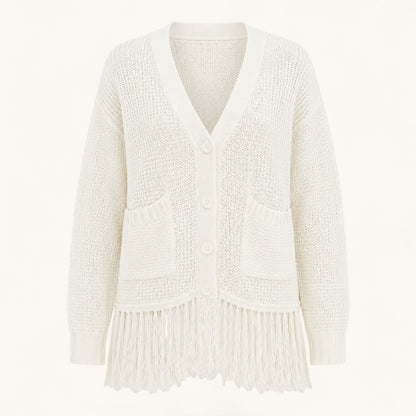 Feather & Sole white crochet knit cardigan with fringe hem, V-neck, button front, and two front pockets.