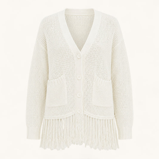 Feather & Sole white crochet knit cardigan with fringe hem, V-neck, button front, and two front pockets.