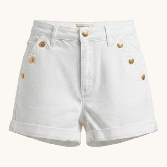 Feather & Sole white high-waisted denim shorts with gold-tone button details and cuffed hems.