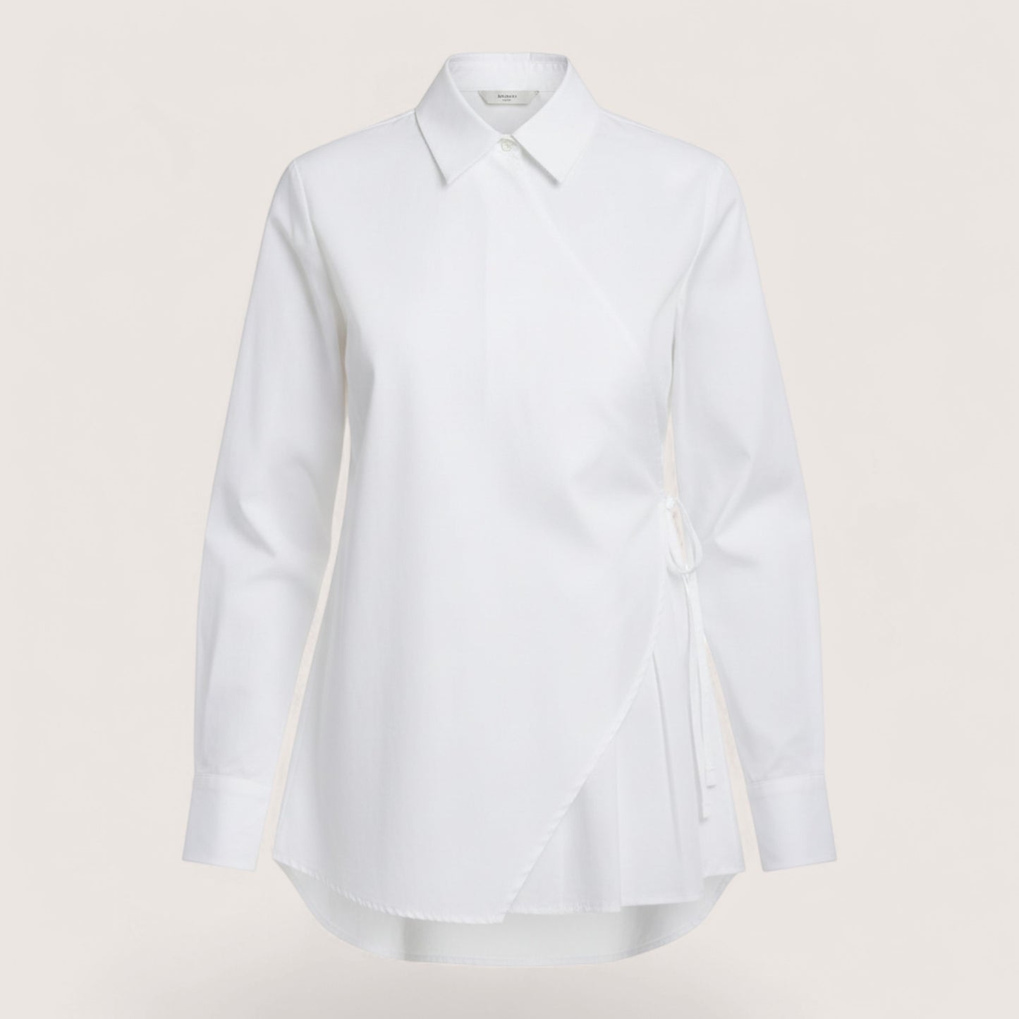 Feather & Sole white cotton-elastane blend double-breasted shirt with wrap detail and pleated hem.
