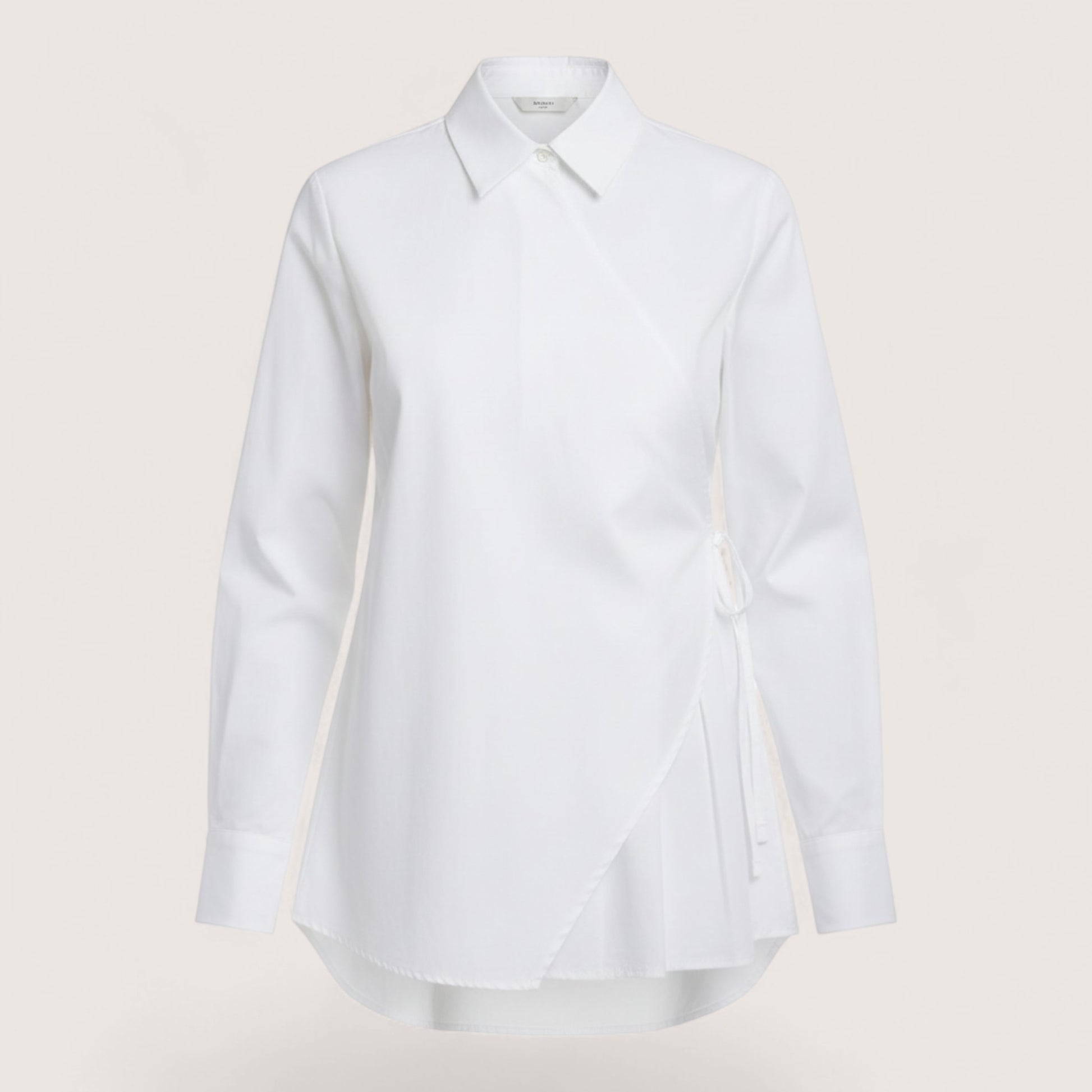 Feather & Sole white cotton-elastane blend double-breasted shirt with wrap detail and pleated hem.