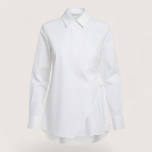 Feather & Sole white cotton-elastane blend double-breasted shirt with wrap detail and pleated hem.