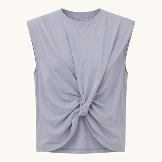 Feather & Sole light blue cotton sleeveless top with twisted front detail and padded shoulders.