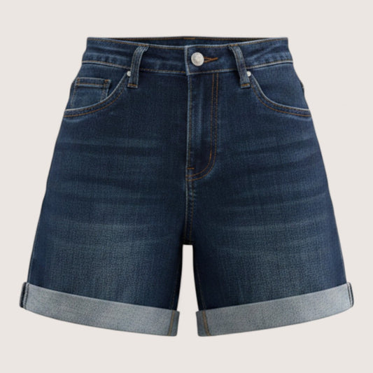Feather & Sole dark blue stretch denim shorts with high waist and cuffed hems. Model is 169cm tall.