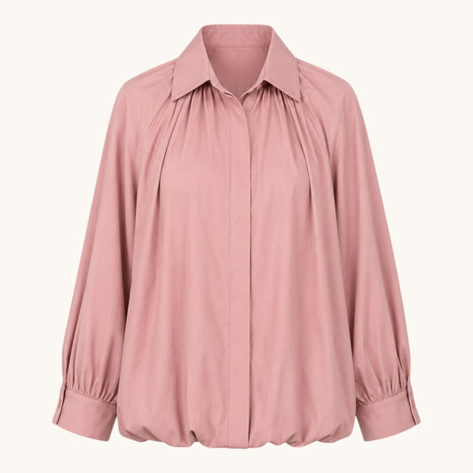 Feather & Sole pink collared shirt with gathered yoke, balloon sleeves, and elasticated hem.