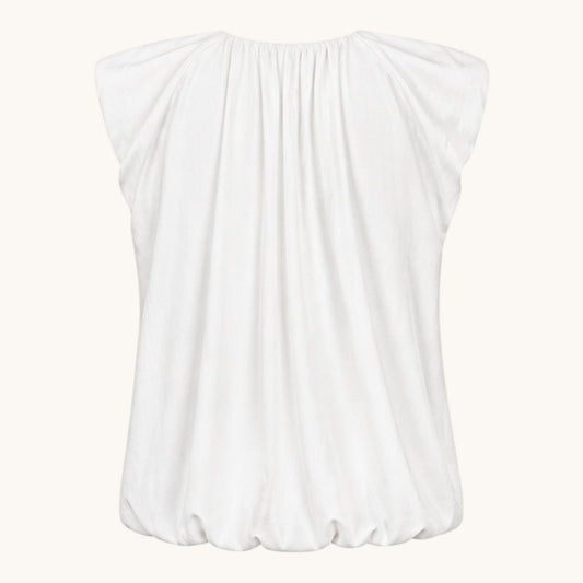 Feather & Sole white V-neck gathered shoulder and hem sleeveless top.