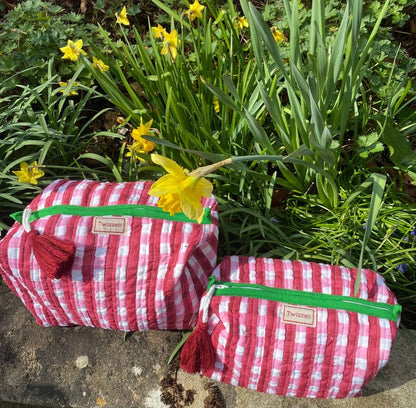 Quilted Wash Bag - Red and Pink Gingham: Medium