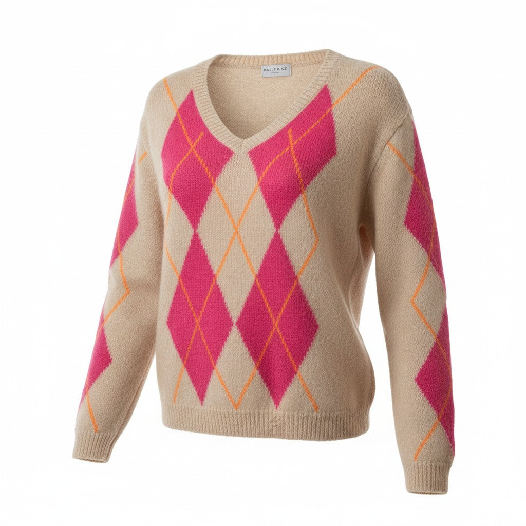 Pink/Cream/Orange Long Sleeve Argyle V Neck Jumper