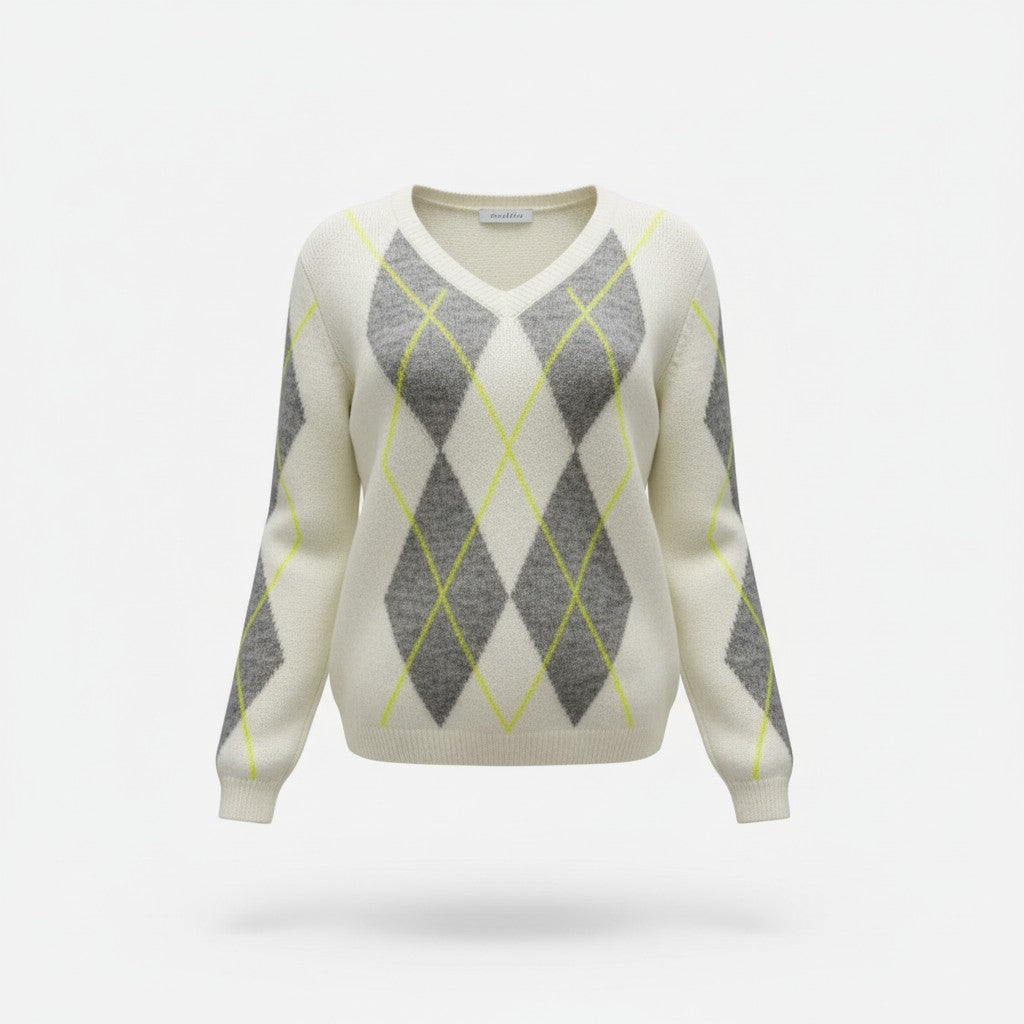 Cream/Grey/Yellow Long Sleeve Argyle V Neck Jumper