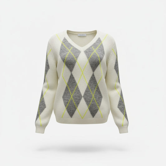 Cream/Grey/Yellow Long Sleeve Argyle V Neck Jumper