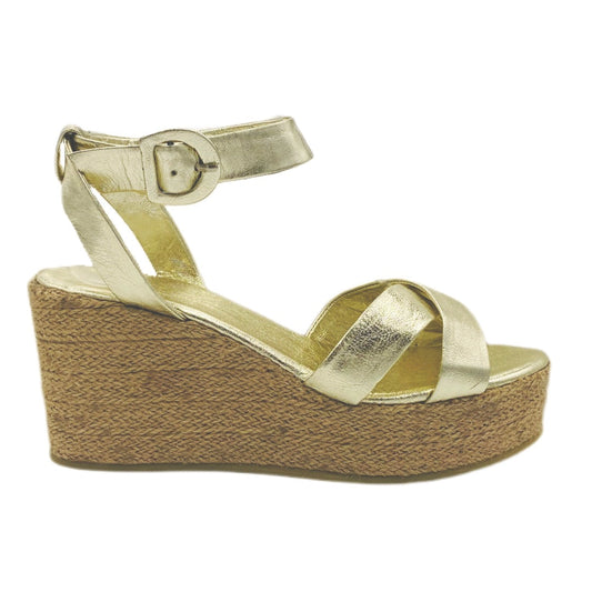 Gold Leather Wide Fit Wedge Sandal