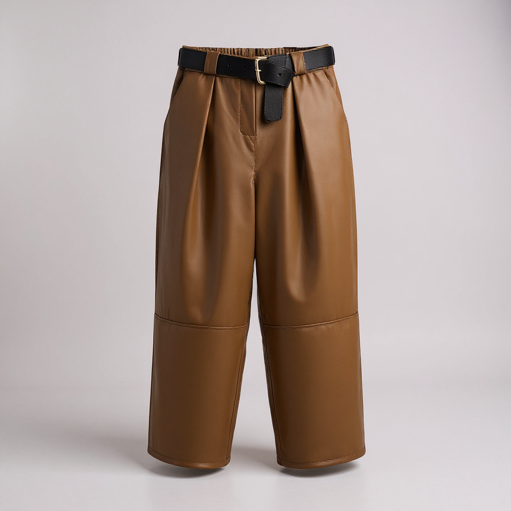 Camel Faux Leather Trousers with Brown Belt