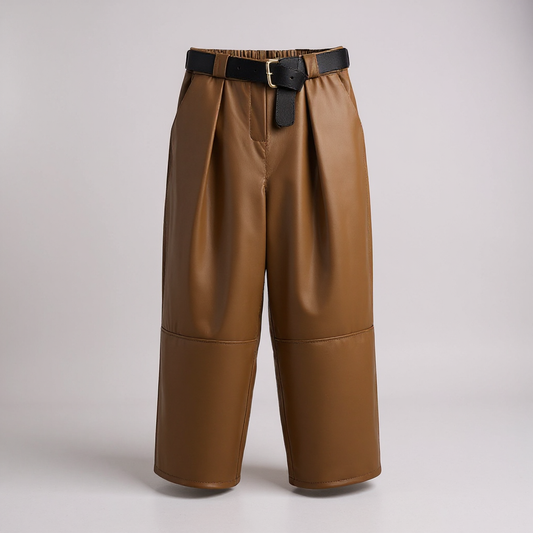 Camel Faux Leather Trousers with Brown Belt