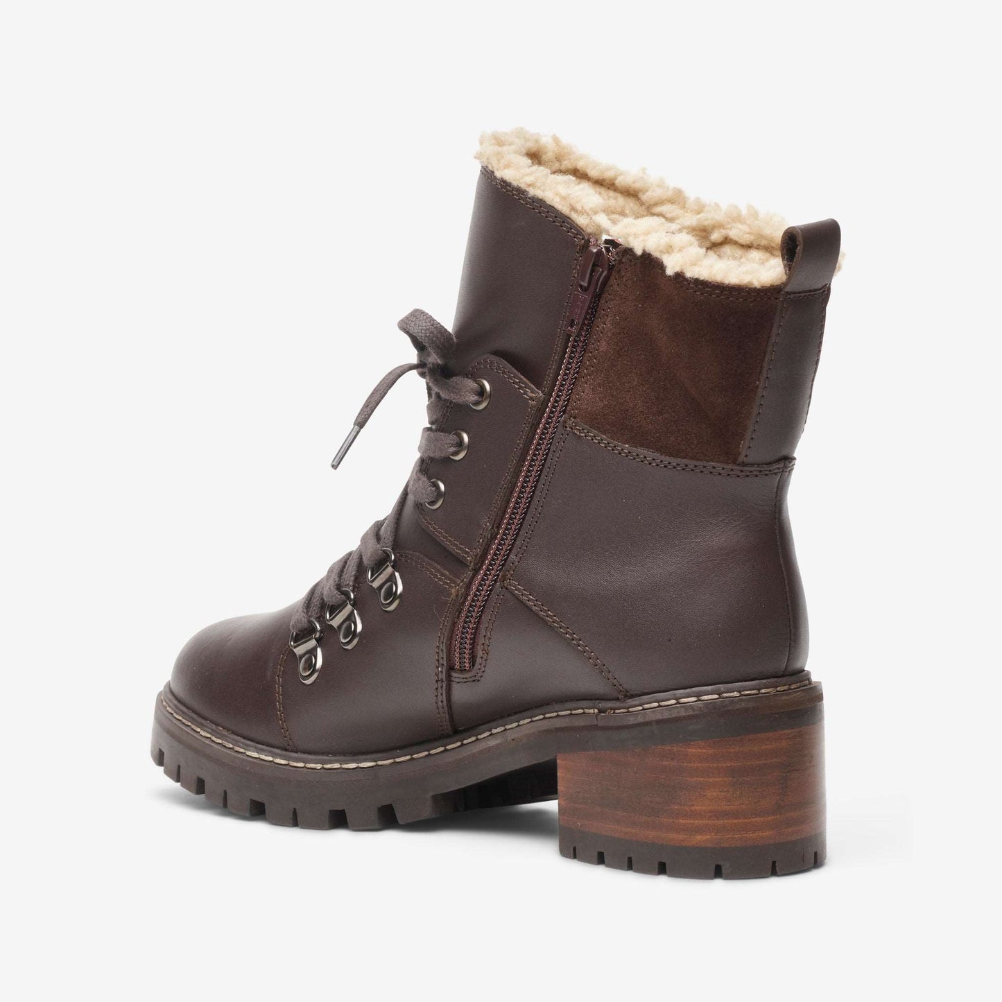 Rear view of brown leather wide fit heeled lace up ankle boot