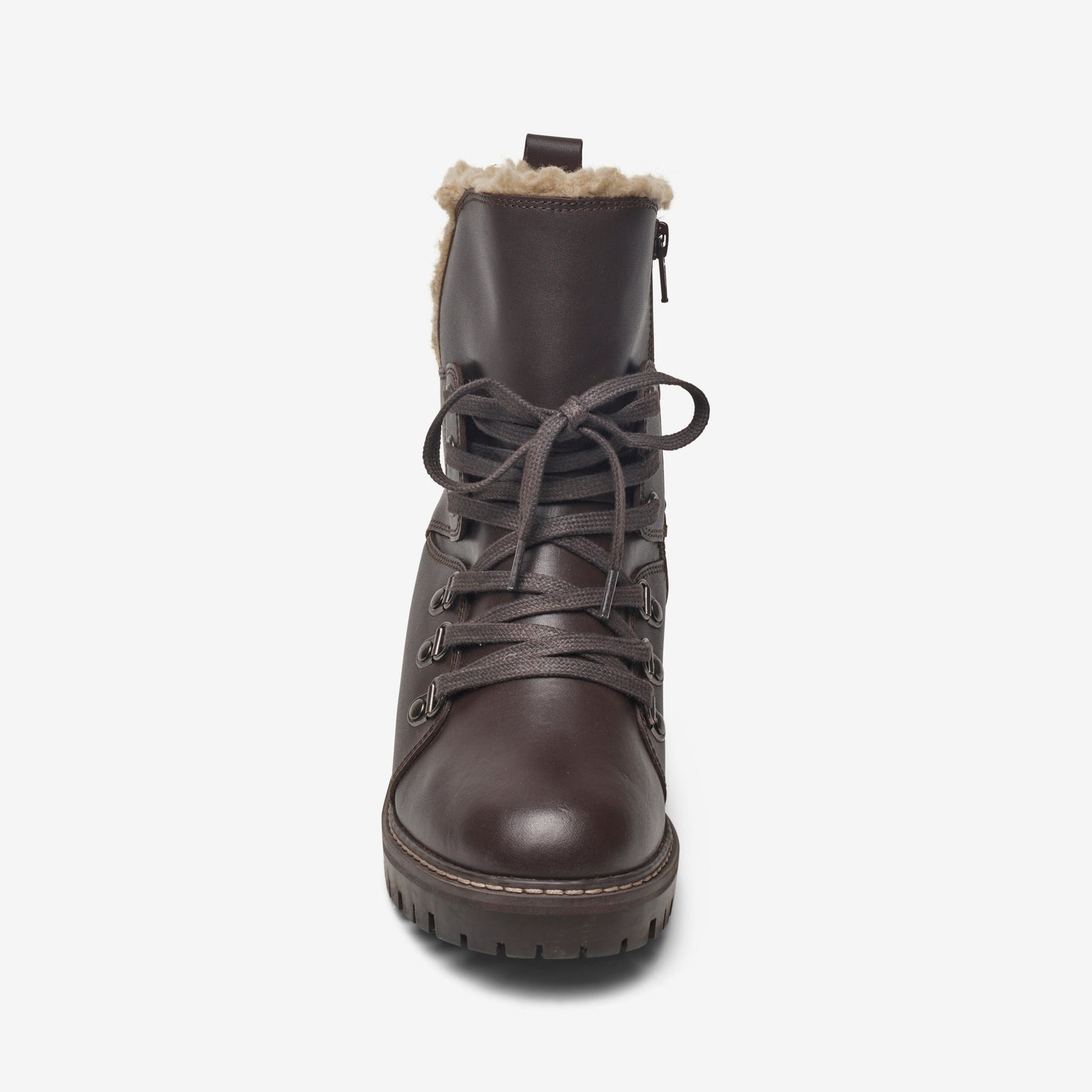 Front view of brown leather wide fit heeled lace up ankle boot