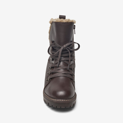 Front view of brown leather wide fit heeled lace up ankle boot