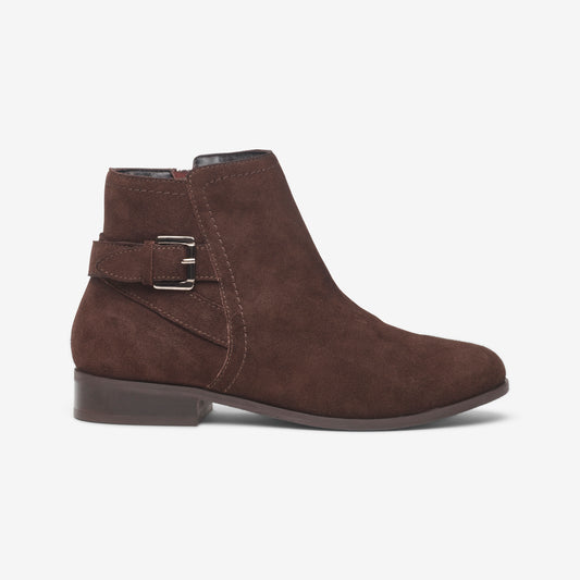 Side view of wide fit brown suede ankle boot with strap and buckle detail